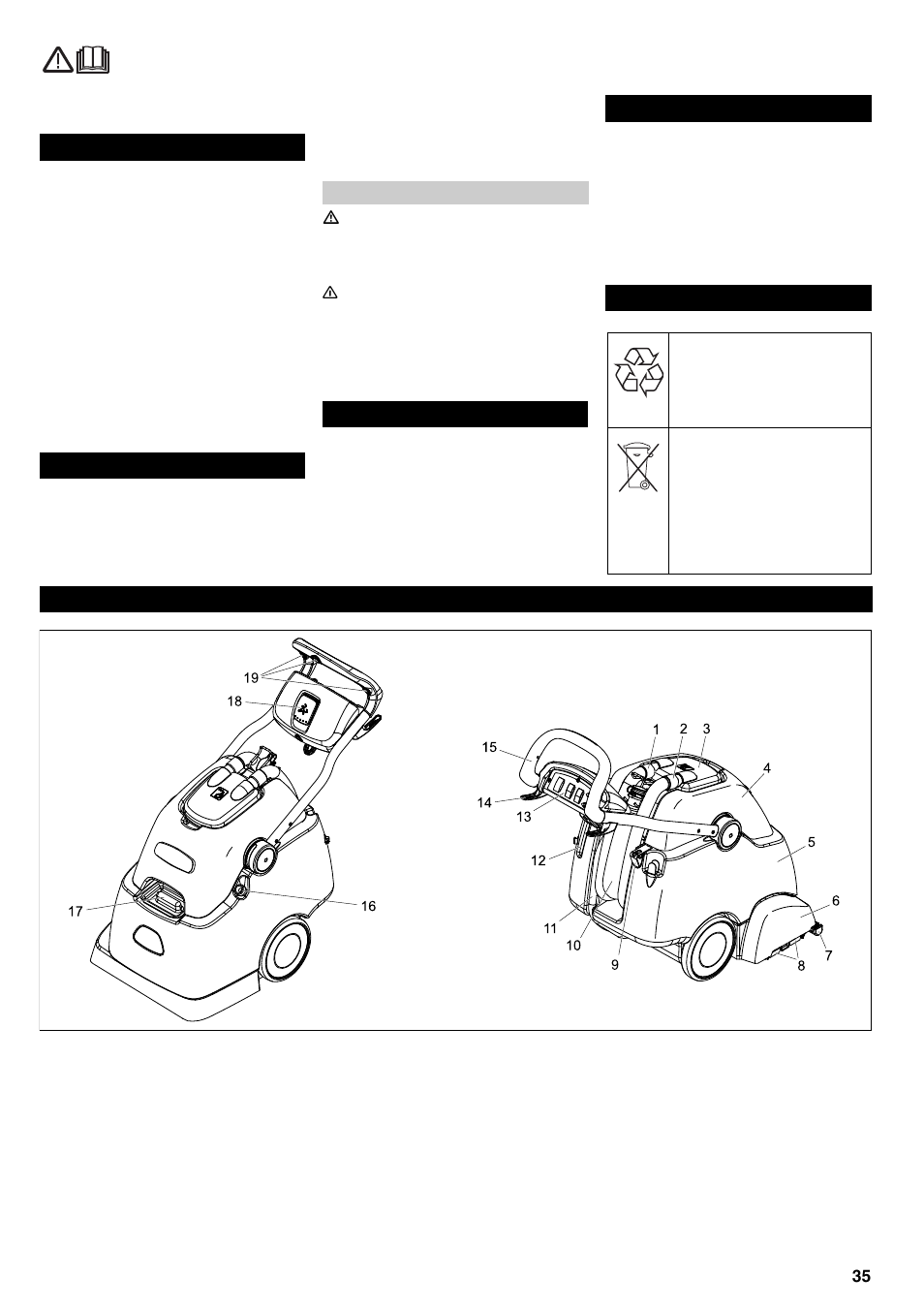 Innholdsfortegnelse sikkerhetsanvisninger, Funksjon forskriftsmessig bruk miljøvern, Betjenings- og funksjonelementer | Karcher BRC 45-45 C User Manual | Page 35 / 112
