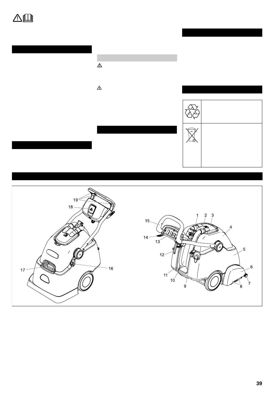 Innehållsförteckning säkerhetsanvisningar, Funktion ändamålsenlig användning miljöskydd, Manövrerings- och funktionselement | Karcher BRC 45-45 C User Manual | Page 39 / 112