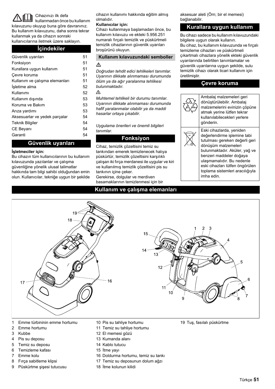 Içindekiler güvenlik uyarıları, Fonksiyon kurallara uygun kullanım çevre koruma, Kullanım ve çalışma elemanları | Karcher BRC 45-45 C User Manual | Page 51 / 112