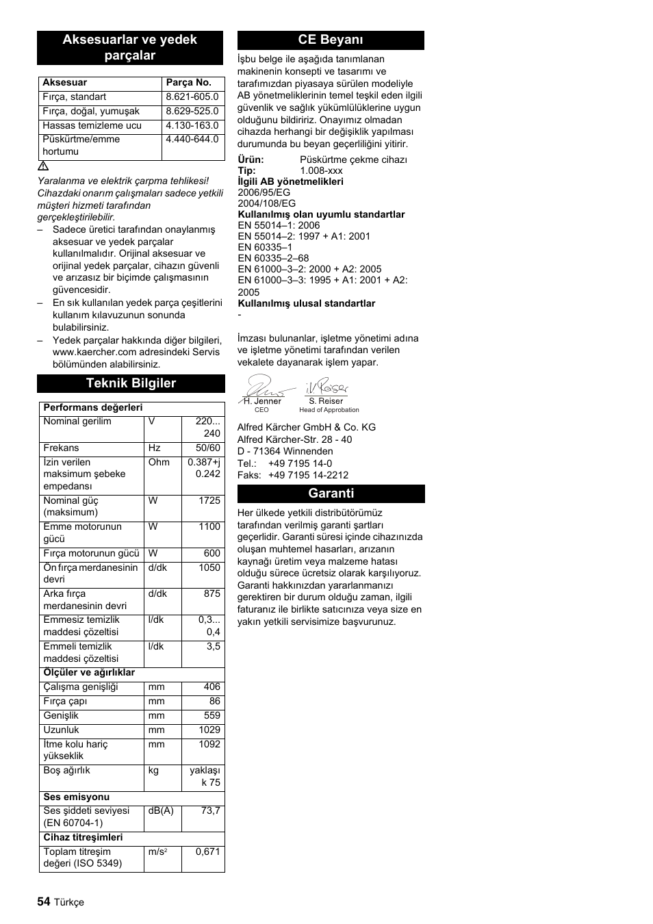 Aksesuarlar ve yedek parçalar, Teknik bilgiler, Ce beyanı | Garanti | Karcher BRC 45-45 C User Manual | Page 54 / 112