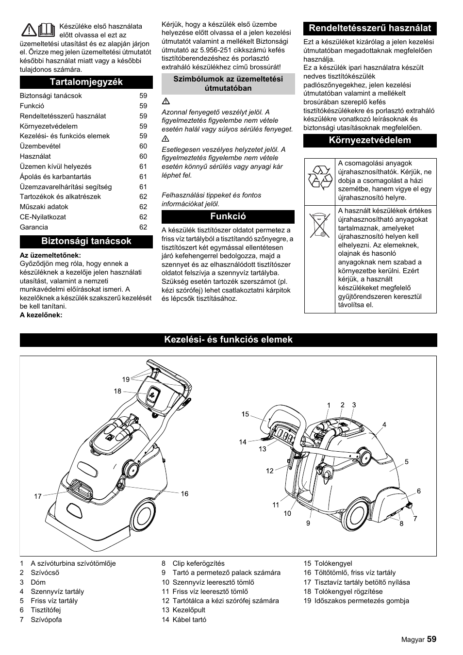 Tartalomjegyzék biztonsági tanácsok, Kezelési- és funkciós elemek | Karcher BRC 45-45 C User Manual | Page 59 / 112