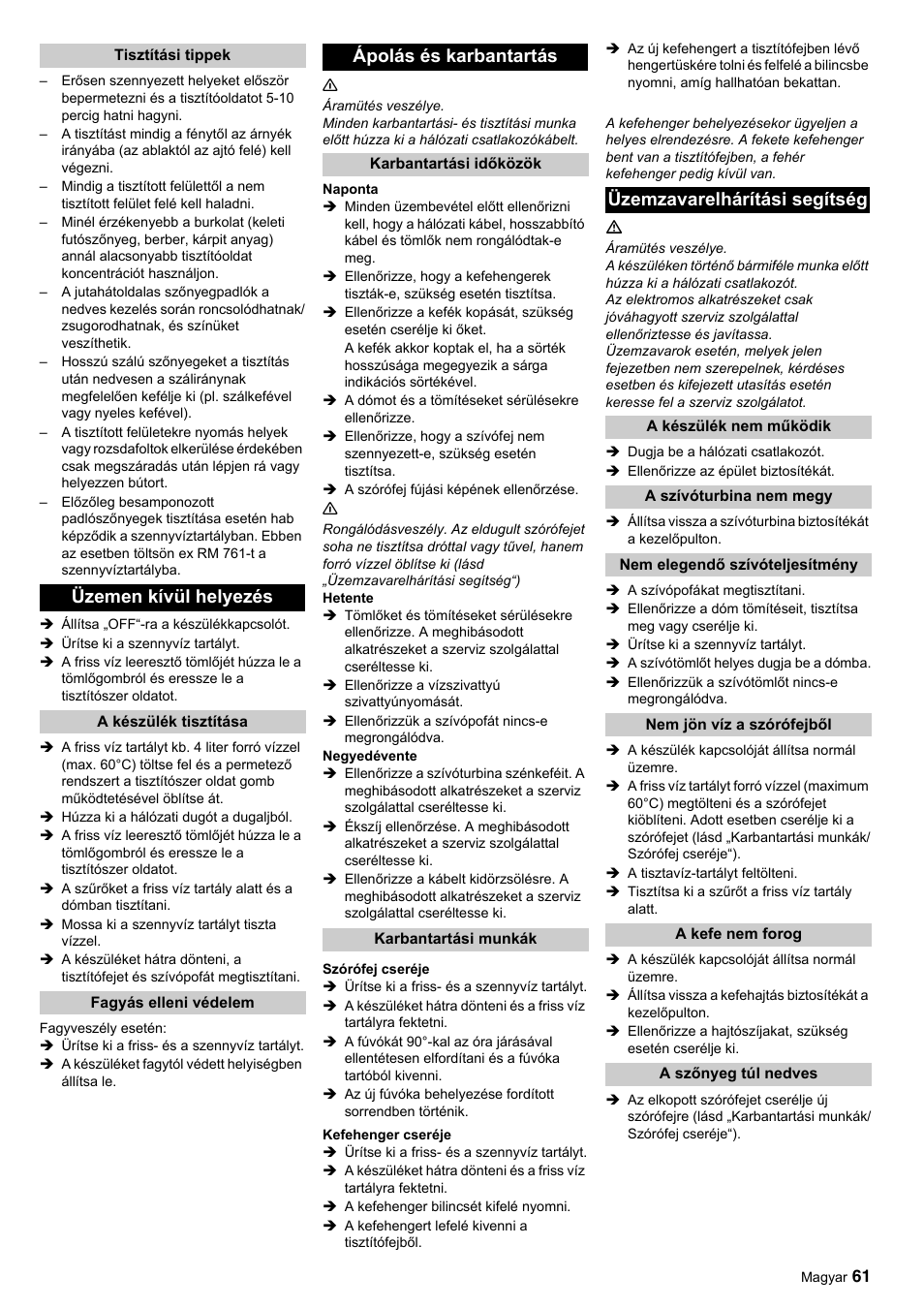 Üzemen kívül helyezés, Ápolás és karbantartás, Üzemzavarelhárítási segítség | Karcher BRC 45-45 C User Manual | Page 61 / 112