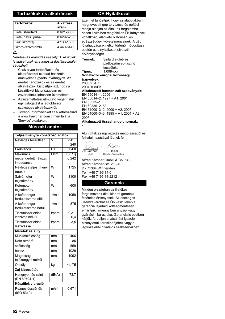 Tartozékok és alkatrészek, Műszaki adatok, Ce-nyilatkozat | Garancia | Karcher BRC 45-45 C User Manual | Page 62 / 112