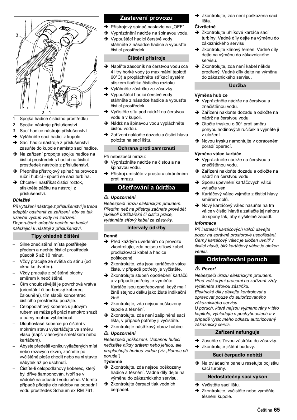 Zastavení provozu, Ošetřování a údržba, Odstraňování poruch | Karcher BRC 45-45 C User Manual | Page 65 / 112