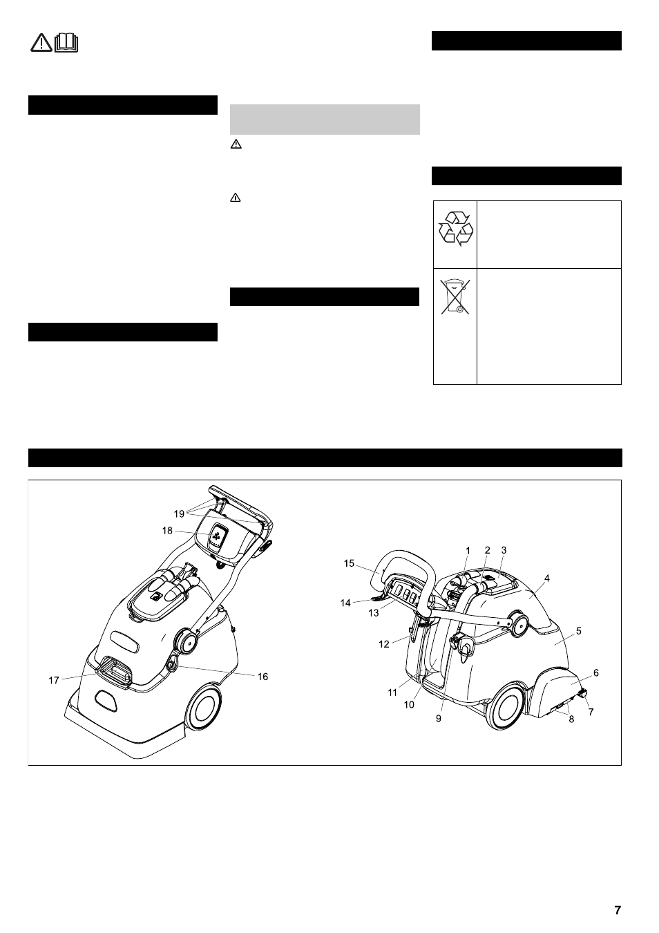 Contents safety instructions, Function proper use environmental protection, Operating and functional elements | Karcher BRC 45-45 C User Manual | Page 7 / 112