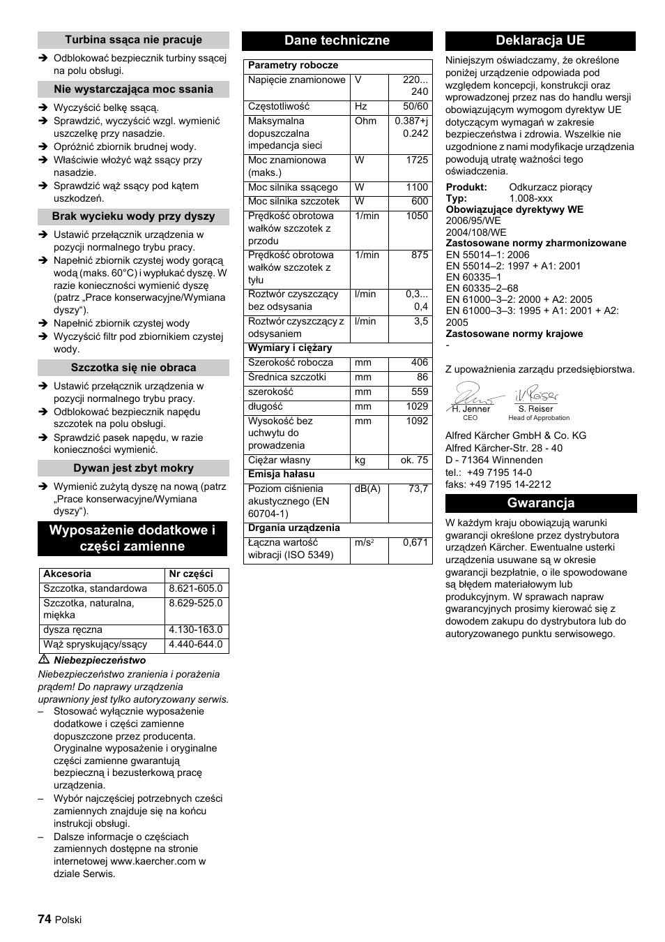 Wyposażenie dodatkowe i części zamienne, Dane techniczne, Deklaracja ue | Gwarancja | Karcher BRC 45-45 C User Manual | Page 74 / 112