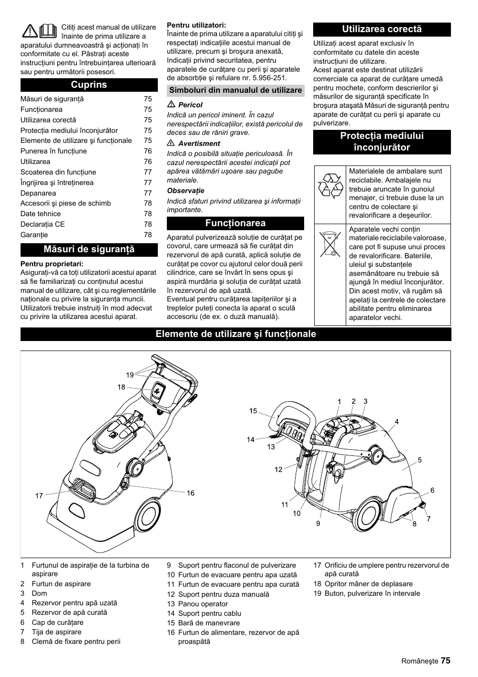 Cuprins măsuri de siguranţă, Elemente de utilizare şi funcţionale | Karcher BRC 45-45 C User Manual | Page 75 / 112