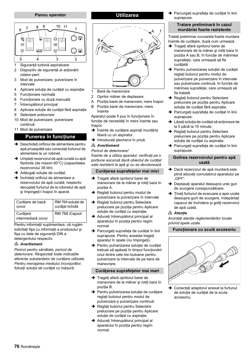 Punerea în funcţiune, Utilizarea | Karcher BRC 45-45 C User Manual | Page 76 / 112