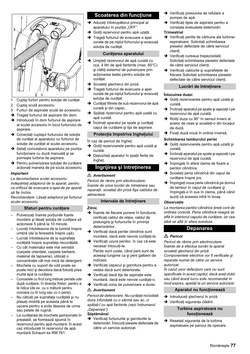 Scoaterea din funcţiune, Îngrijirea şi întreţinerea, Depanarea | Karcher BRC 45-45 C User Manual | Page 77 / 112