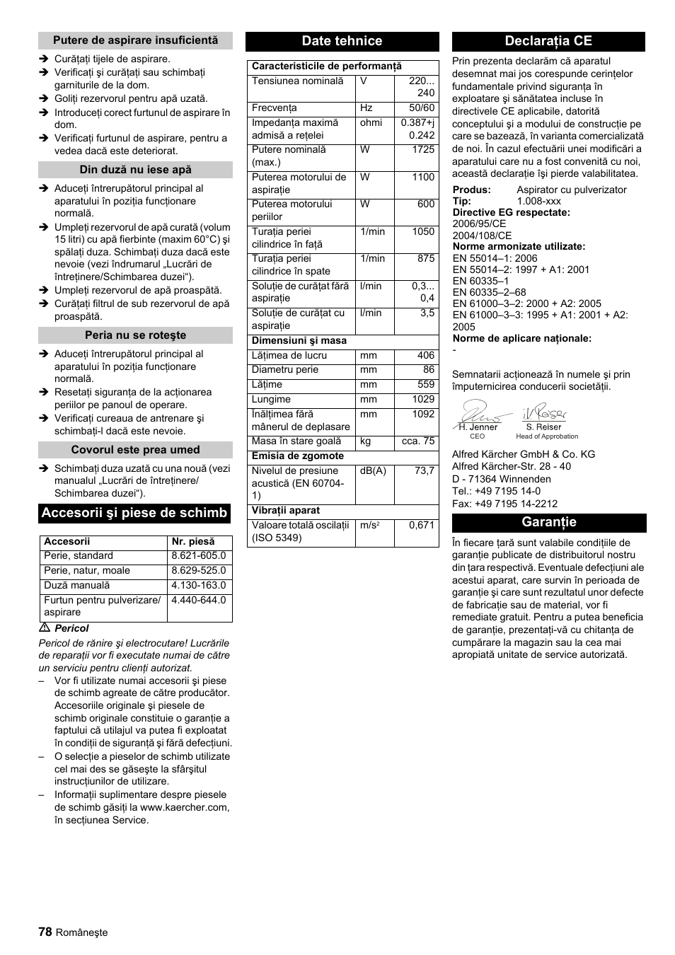 Accesorii şi piese de schimb, Date tehnice, Declaraţia ce | Garanţie | Karcher BRC 45-45 C User Manual | Page 78 / 112