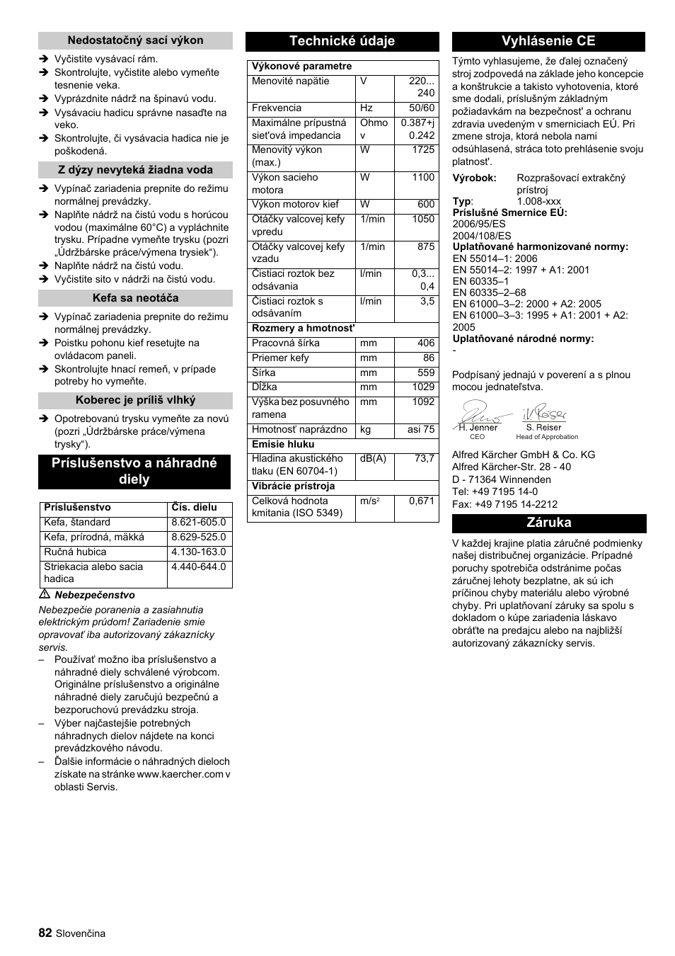 Príslušenstvo a náhradné diely, Technické údaje, Vyhlásenie ce | Záruka | Karcher BRC 45-45 C User Manual | Page 82 / 112