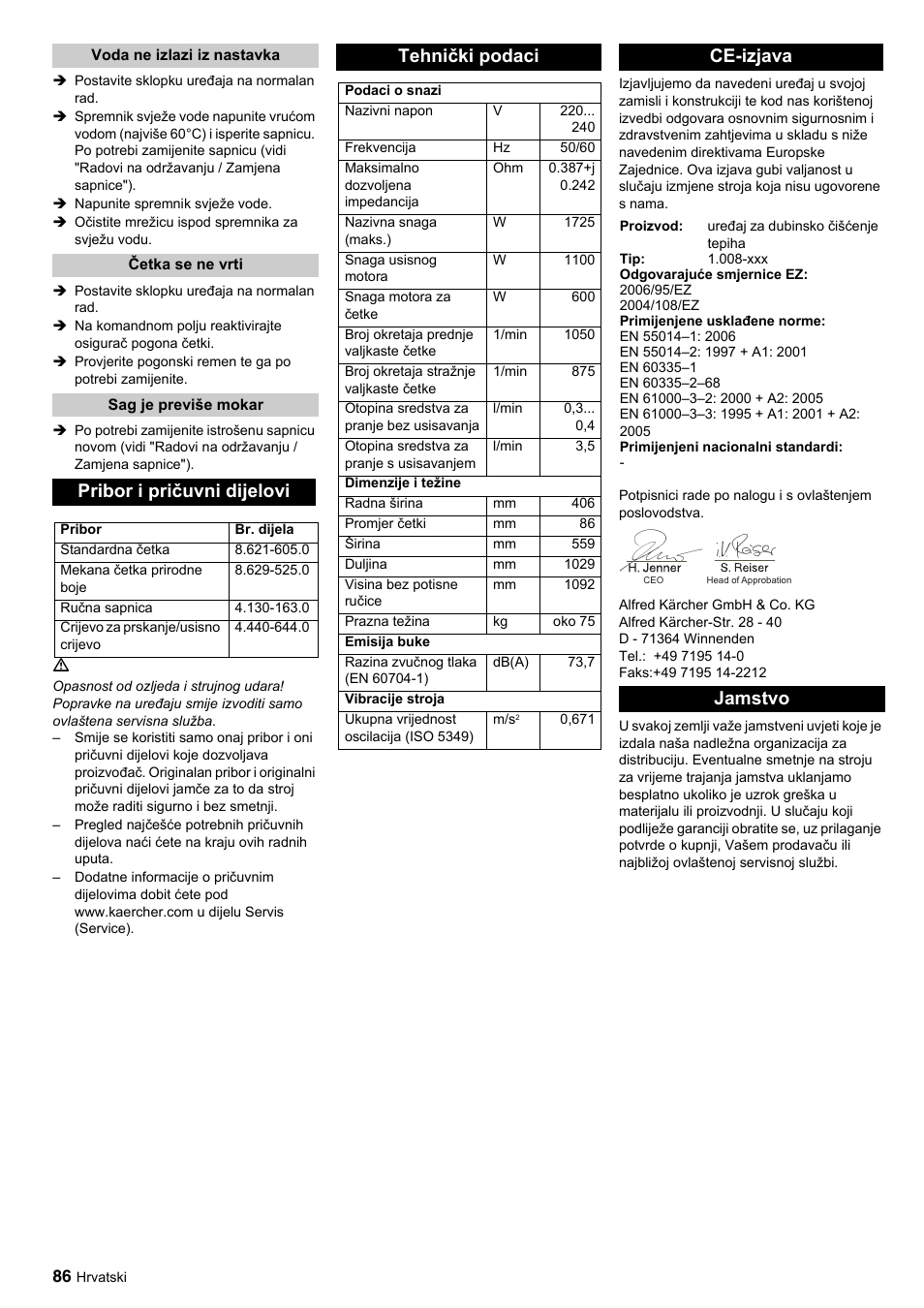 Pribor i pričuvni dijelovi, Tehnički podaci, Ce-izjava | Jamstvo | Karcher BRC 45-45 C User Manual | Page 86 / 112