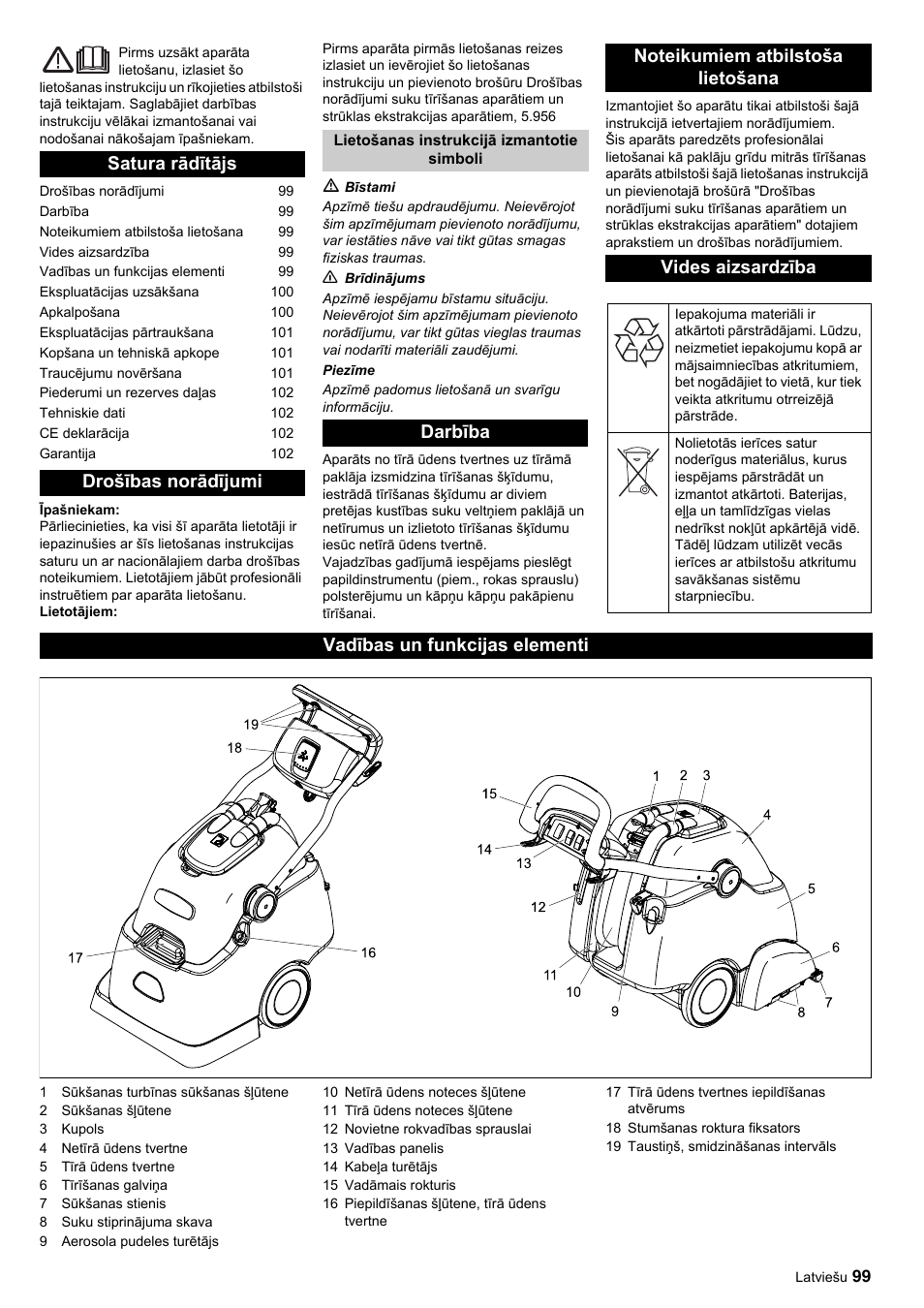 Satura rādītājs drošības norādījumi, Vadības un funkcijas elementi | Karcher BRC 45-45 C User Manual | Page 99 / 112