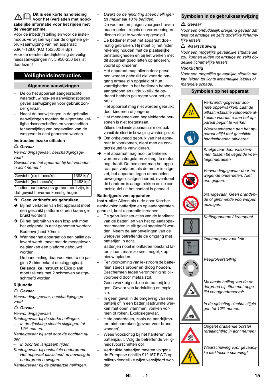 Nederlands, Veiligheidsinstructies | Karcher KM 150-500 BAT User Manual | Page 15 / 88