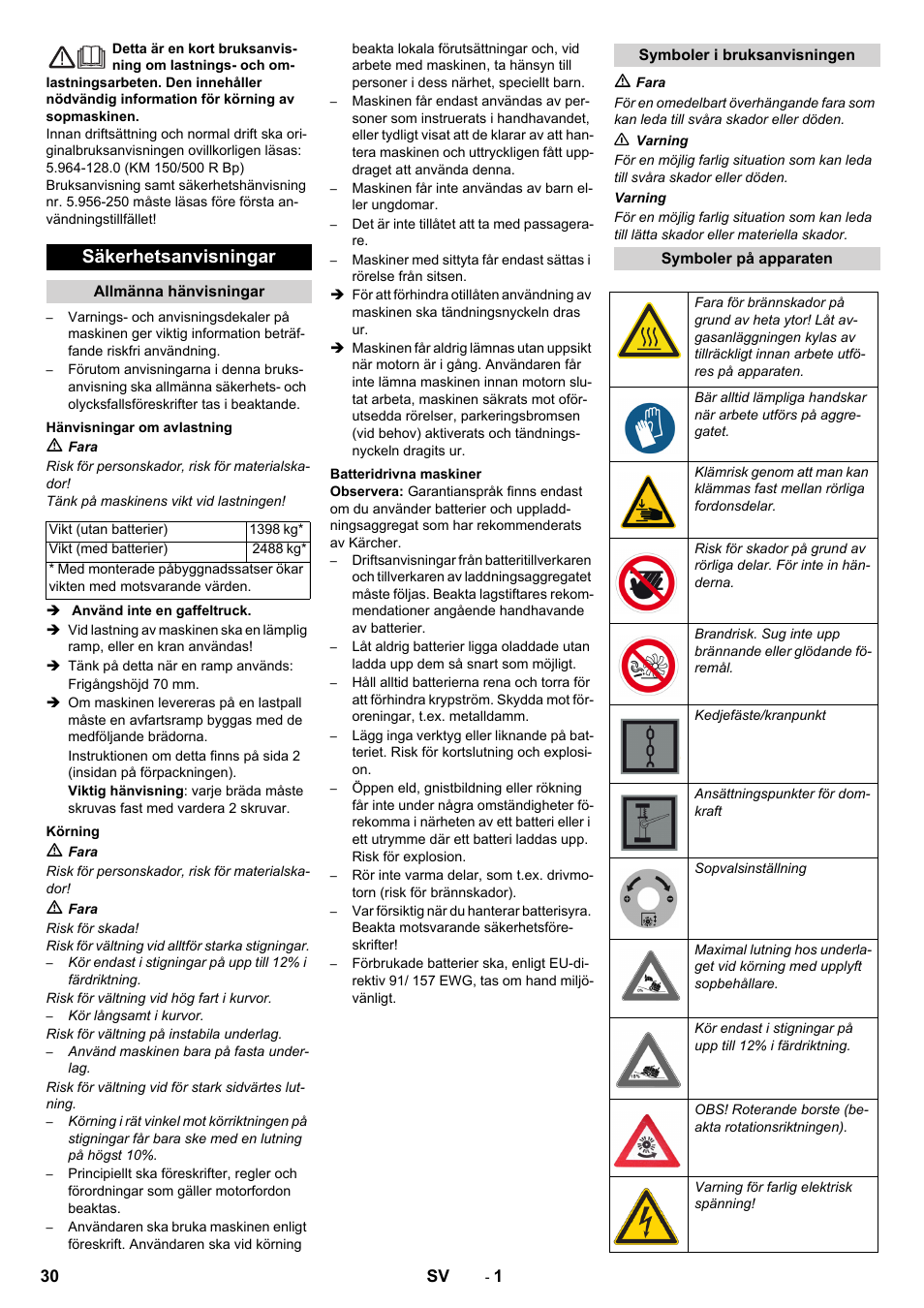 Svenska, Säkerhetsanvisningar | Karcher KM 150-500 BAT User Manual | Page 30 / 88