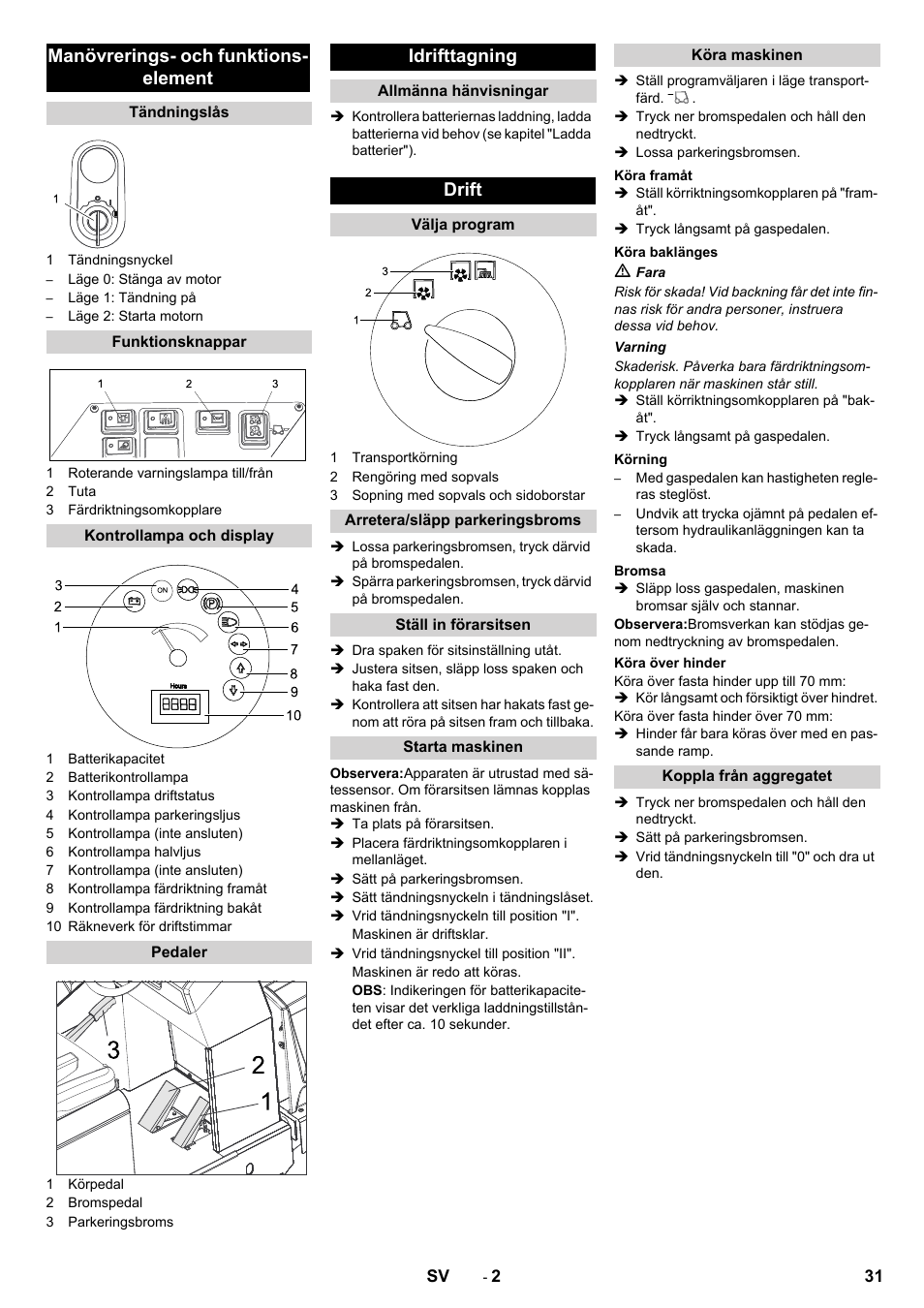 Manövrerings- och funktions- element, Idrifttagning, Drift | Karcher KM 150-500 BAT User Manual | Page 31 / 88