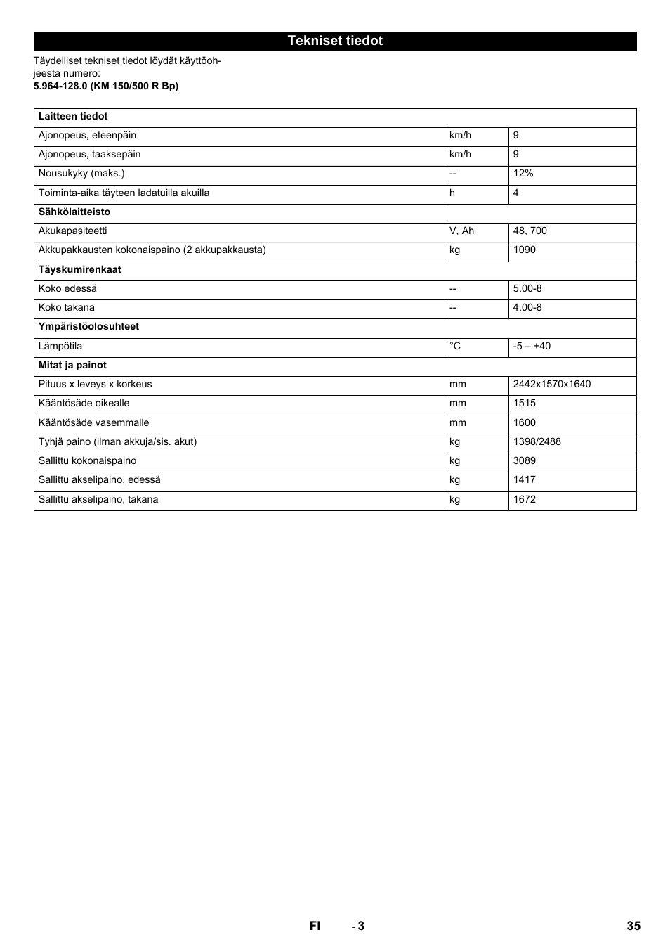 Tekniset tiedot | Karcher KM 150-500 BAT User Manual | Page 35 / 88