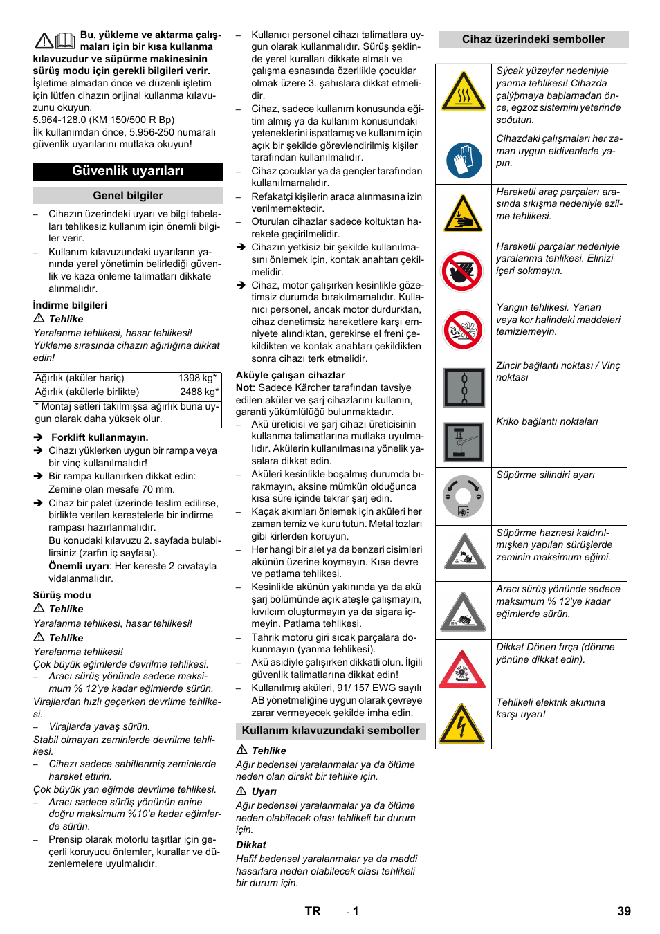 Türkçe, Güvenlik uyarıları | Karcher KM 150-500 BAT User Manual | Page 39 / 88