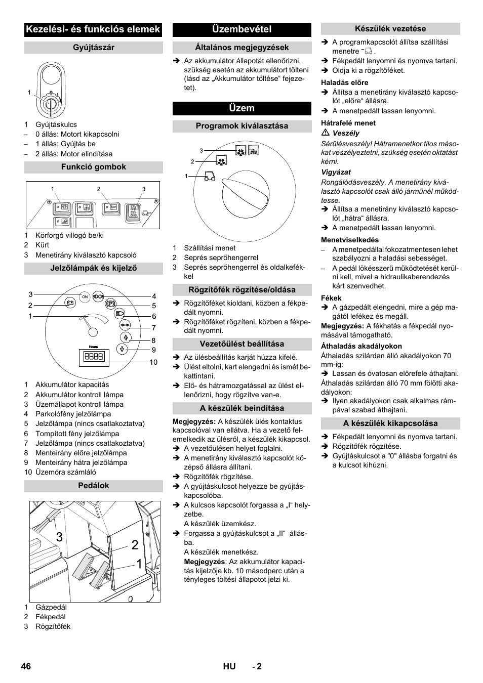 Kezelési- és funkciós elemek, Üzembevétel, Üzem | Karcher KM 150-500 BAT User Manual | Page 46 / 88