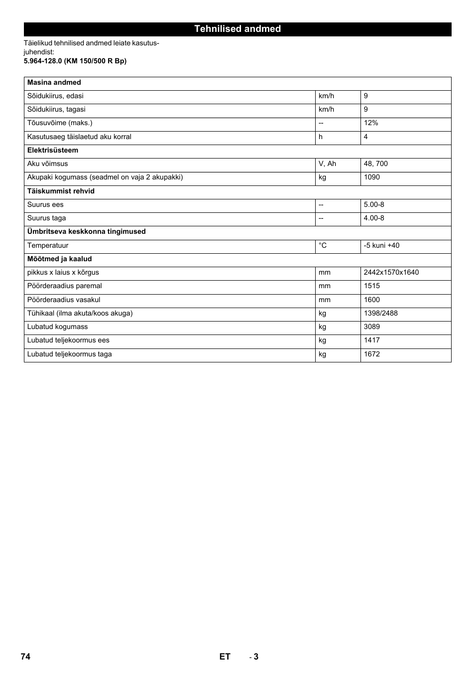 Tehnilised andmed | Karcher KM 150-500 BAT User Manual | Page 74 / 88