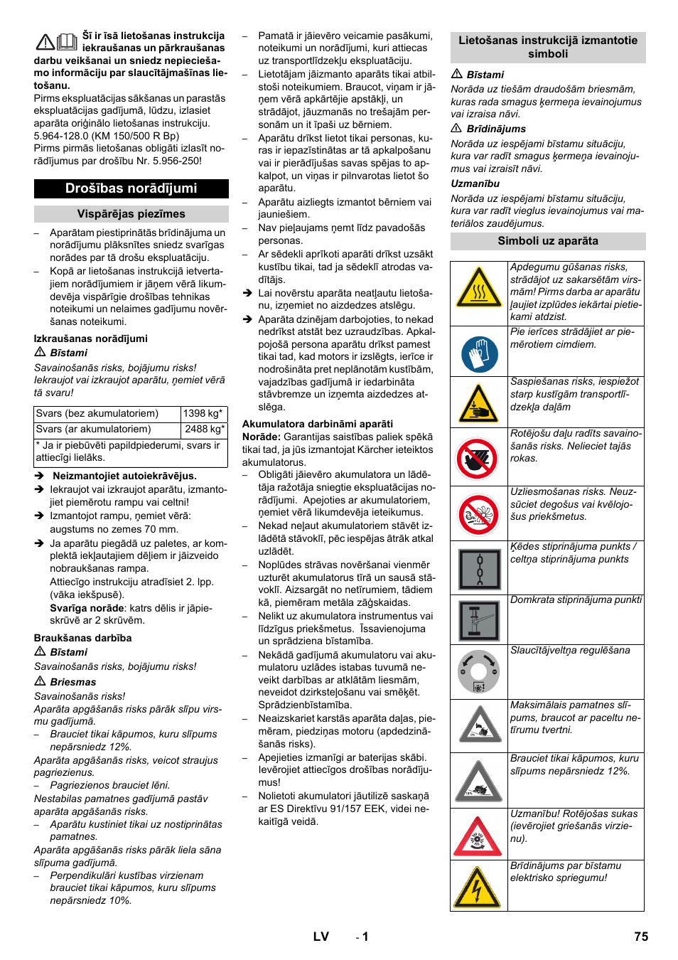 Latviešu, Drošības norādījumi | Karcher KM 150-500 BAT User Manual | Page 75 / 88