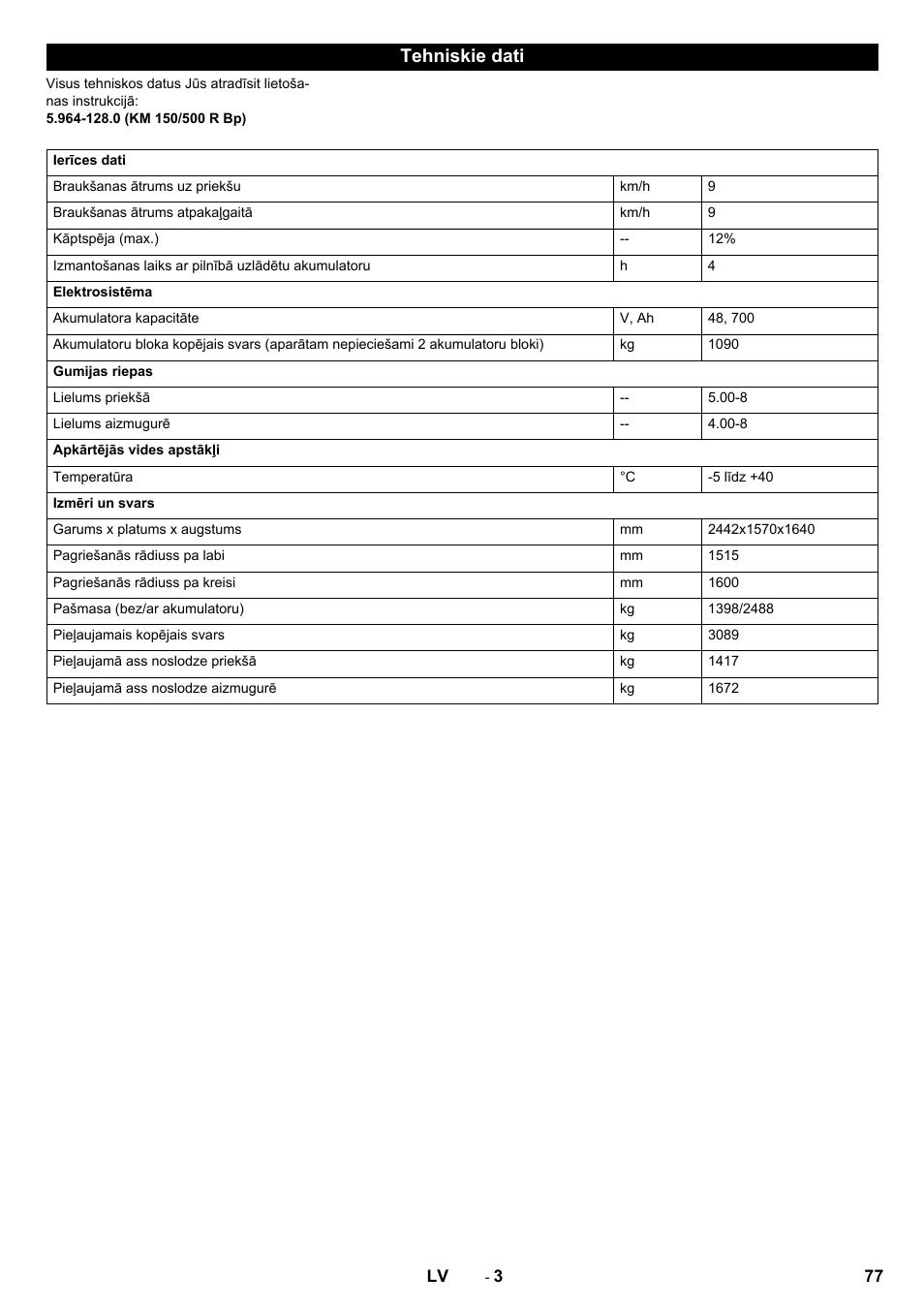 Tehniskie dati | Karcher KM 150-500 BAT User Manual | Page 77 / 88