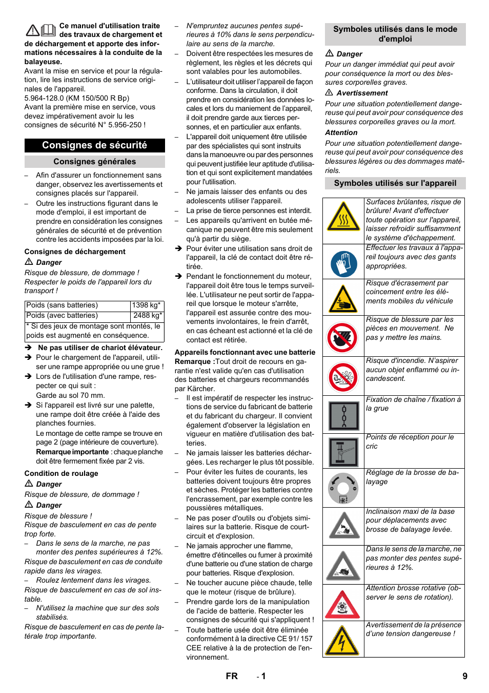 Français, Consignes de sécurité | Karcher KM 150-500 BAT User Manual | Page 9 / 88