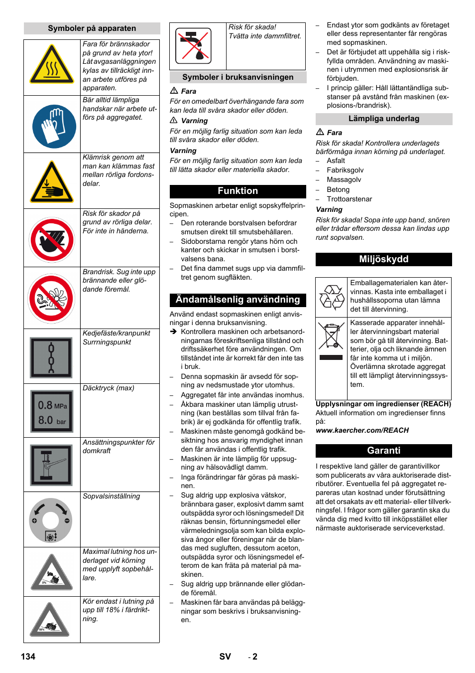 Funktion ändamålsenlig användning, Miljöskydd, Garanti | Karcher KM 170-600 D User Manual | Page 134 / 428
