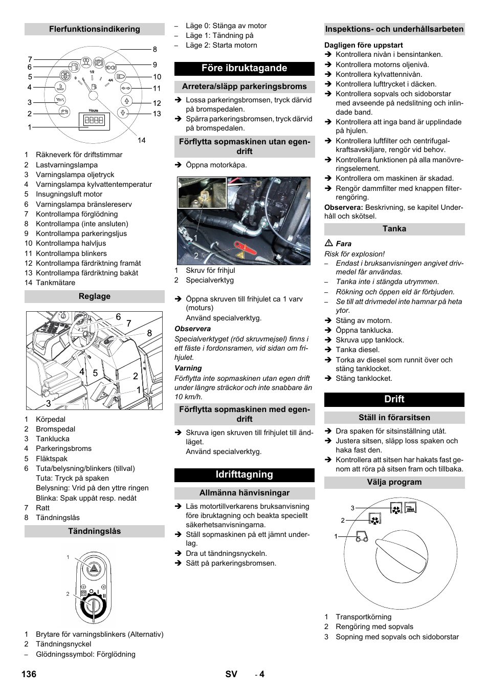 Före ibruktagande, Idrifttagning, Drift | Karcher KM 170-600 D User Manual | Page 136 / 428