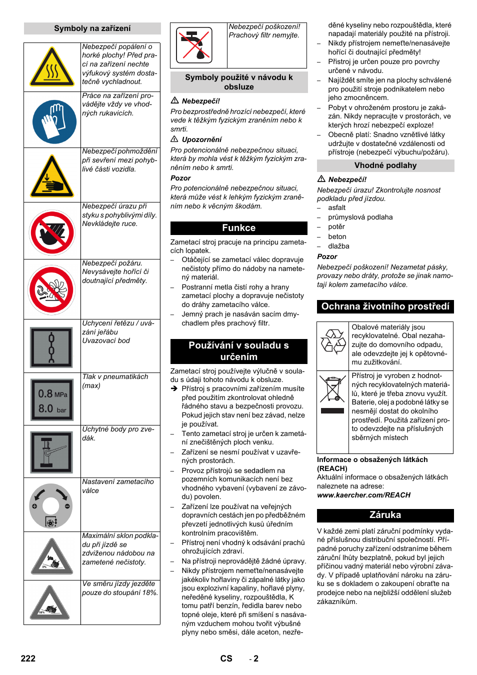 Funkce používání v souladu s určením, Ochrana životního prostředí, Záruka | Karcher KM 170-600 D User Manual | Page 222 / 428