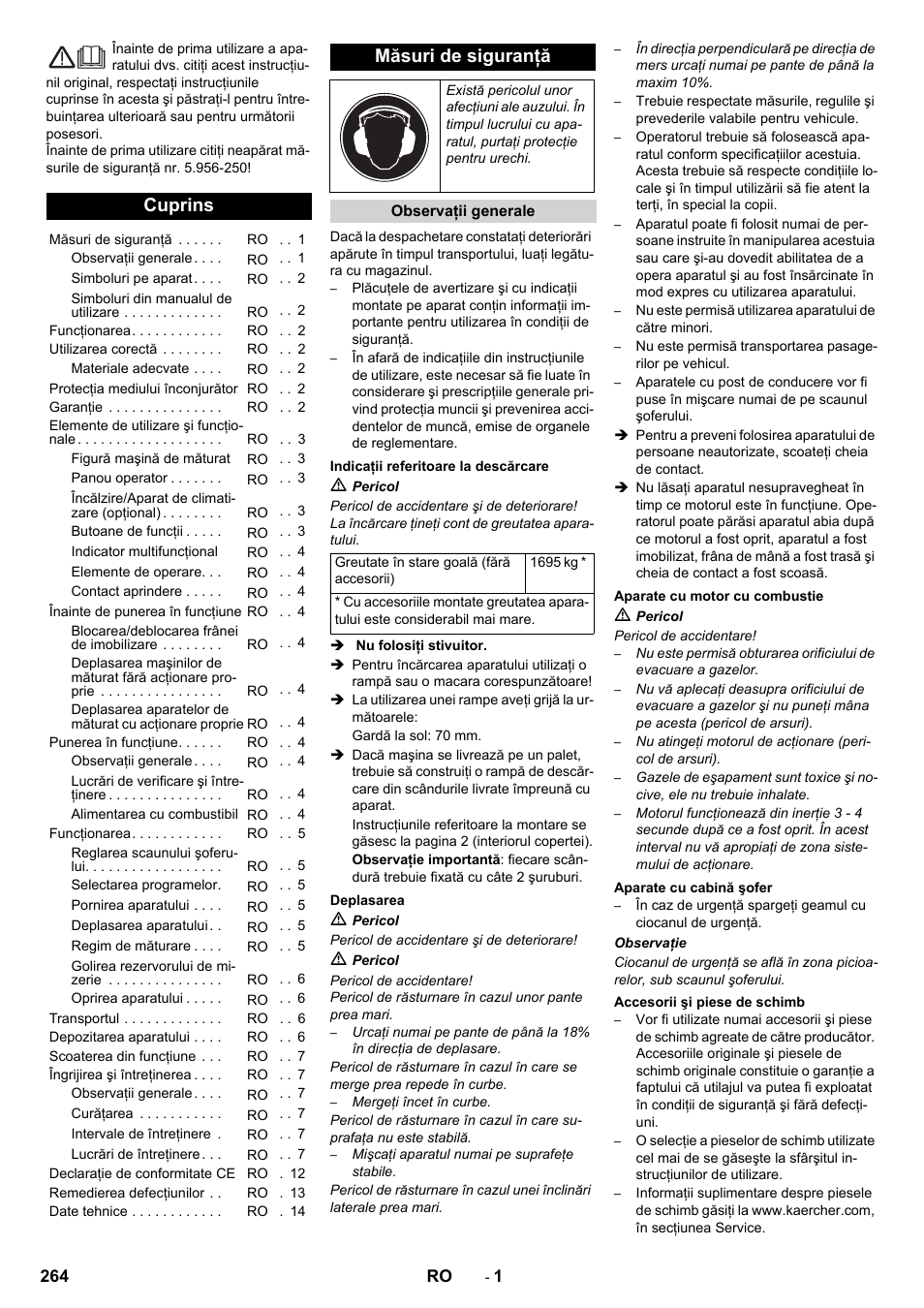 Româneşte, Cuprins, Măsuri de siguranţă | Karcher KM 170-600 D User Manual | Page 264 / 428