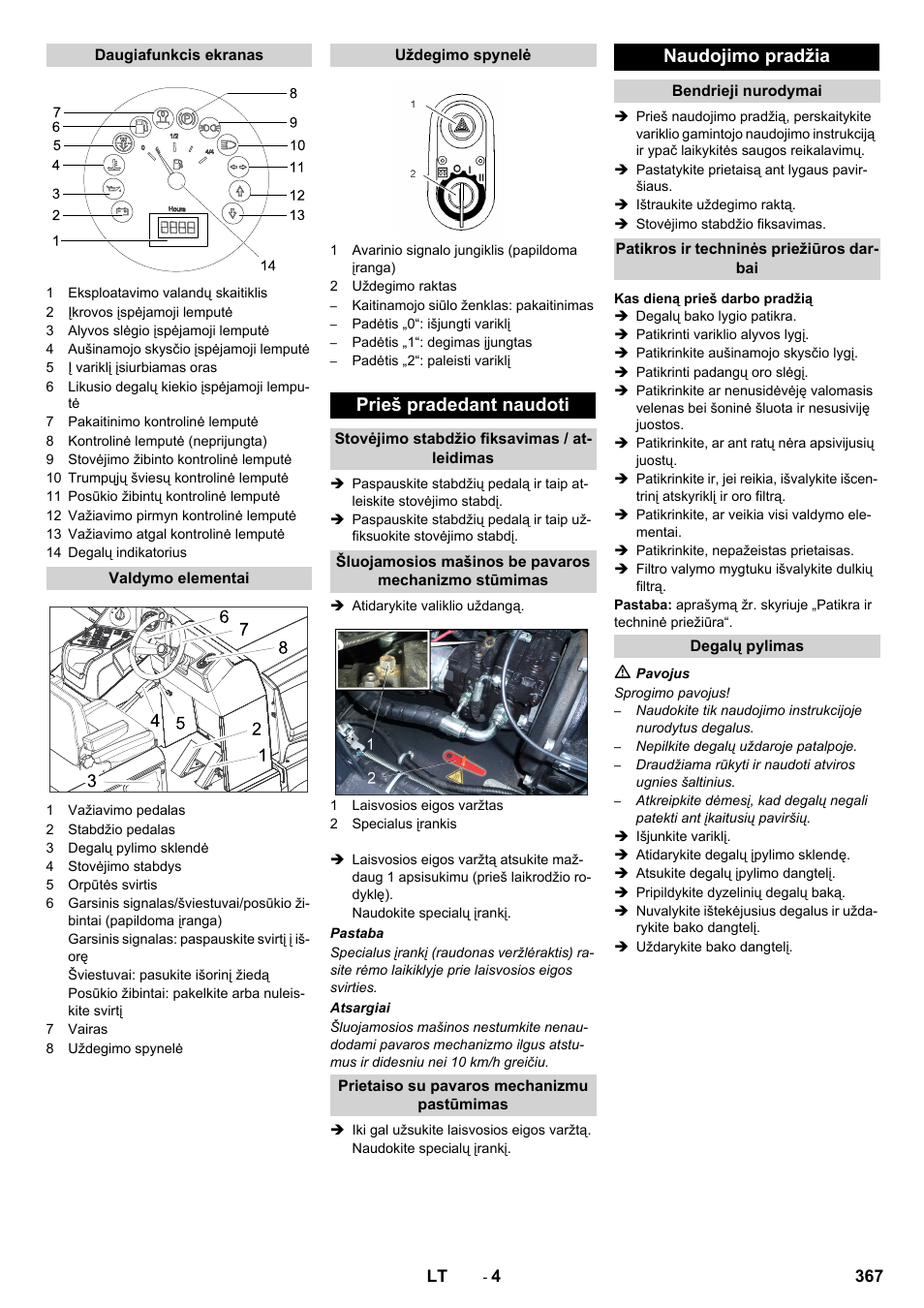 Prieš pradedant naudoti, Naudojimo pradžia | Karcher KM 170-600 D User Manual | Page 367 / 428