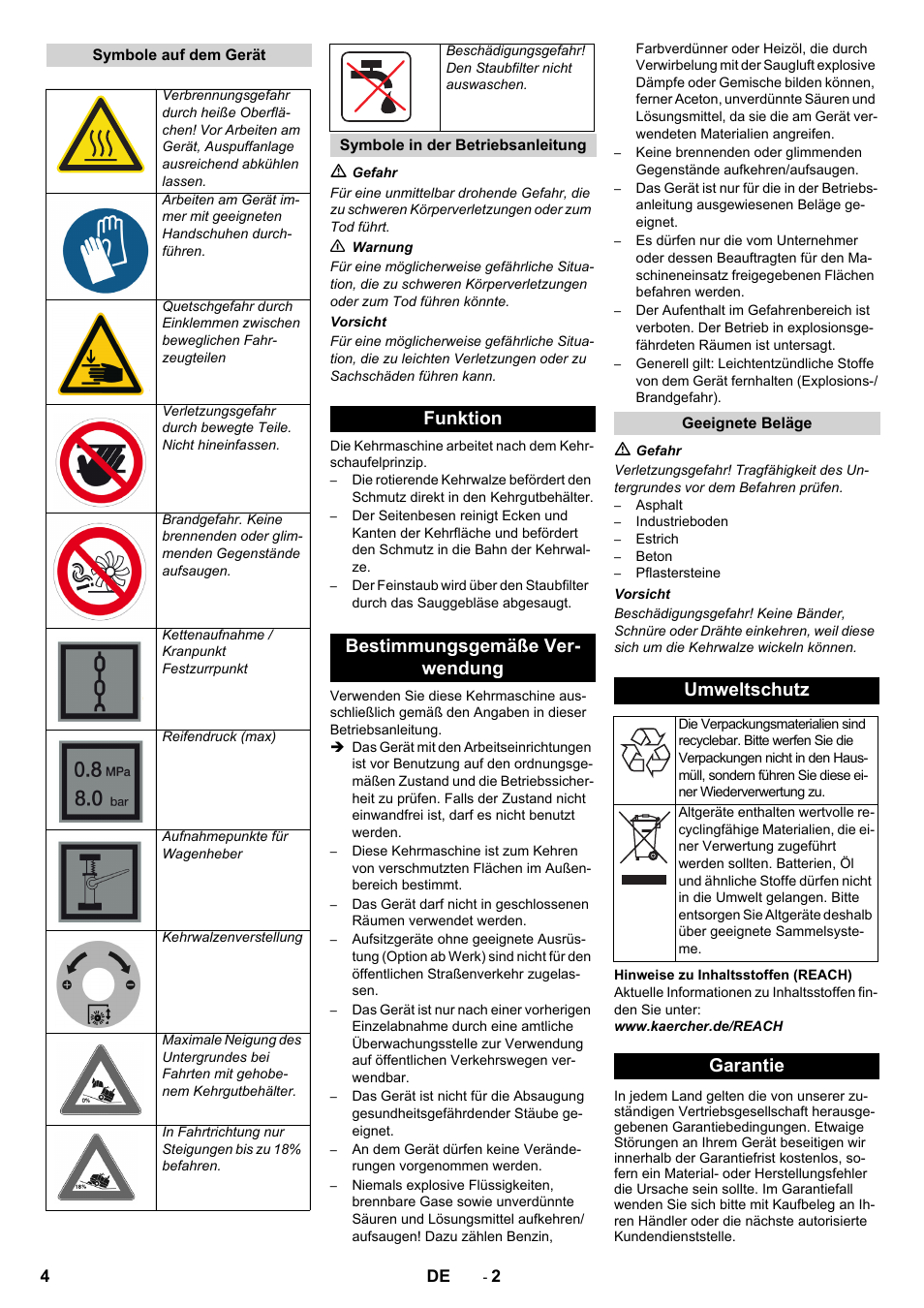 Funktion bestimmungsgemäße ver- wendung, Umweltschutz, Garantie | Karcher KM 170-600 D User Manual | Page 4 / 428