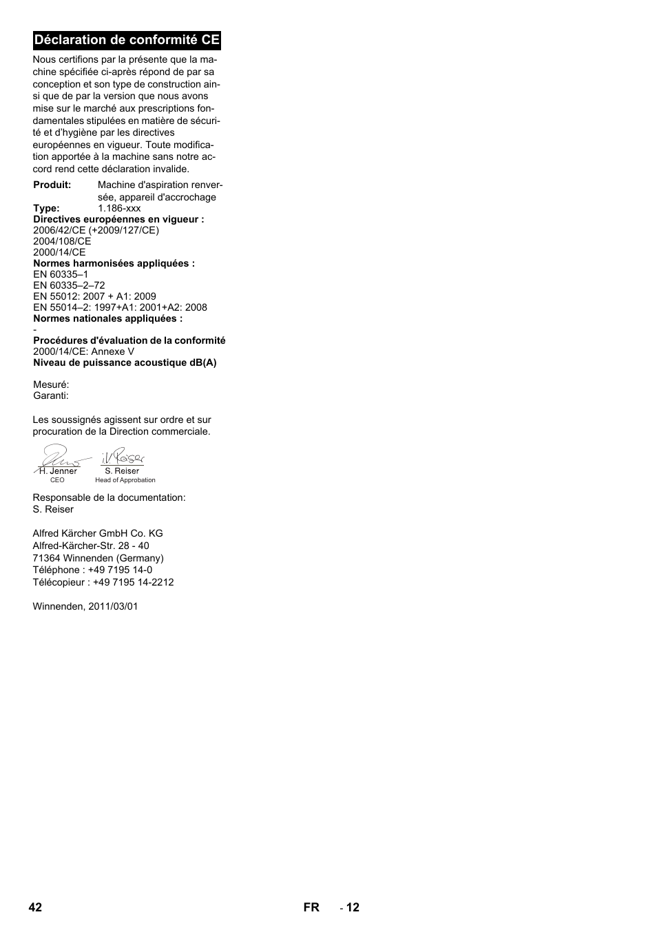 Déclaration de conformité ce | Karcher KM 170-600 D User Manual | Page 42 / 428