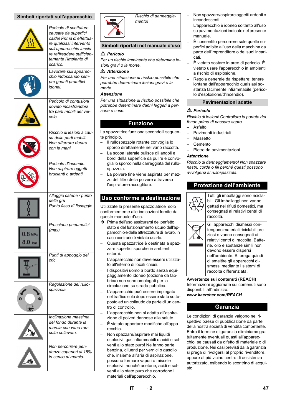 Funzione uso conforme a destinazione, Protezione dell’ambiente, Garanzia | Karcher KM 170-600 D User Manual | Page 47 / 428