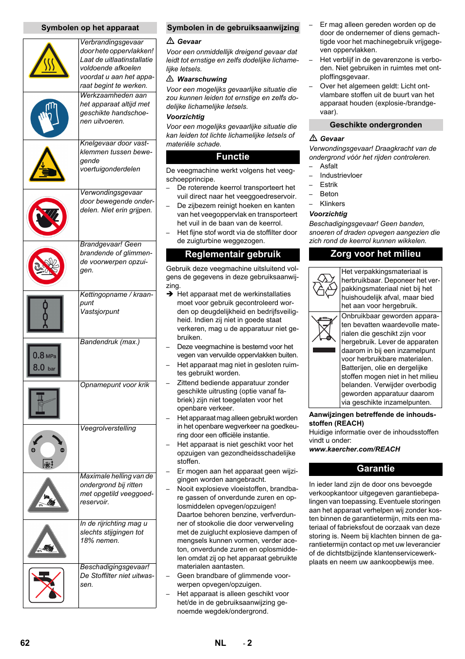 Functie reglementair gebruik, Zorg voor het milieu, Garantie | Karcher KM 170-600 D User Manual | Page 62 / 428