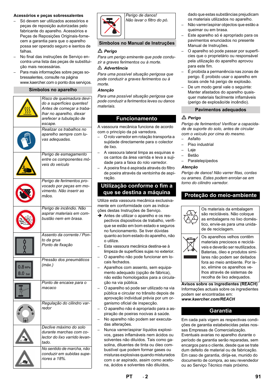 Proteção do meio-ambiente, Garantia | Karcher KM 170-600 D User Manual | Page 91 / 428