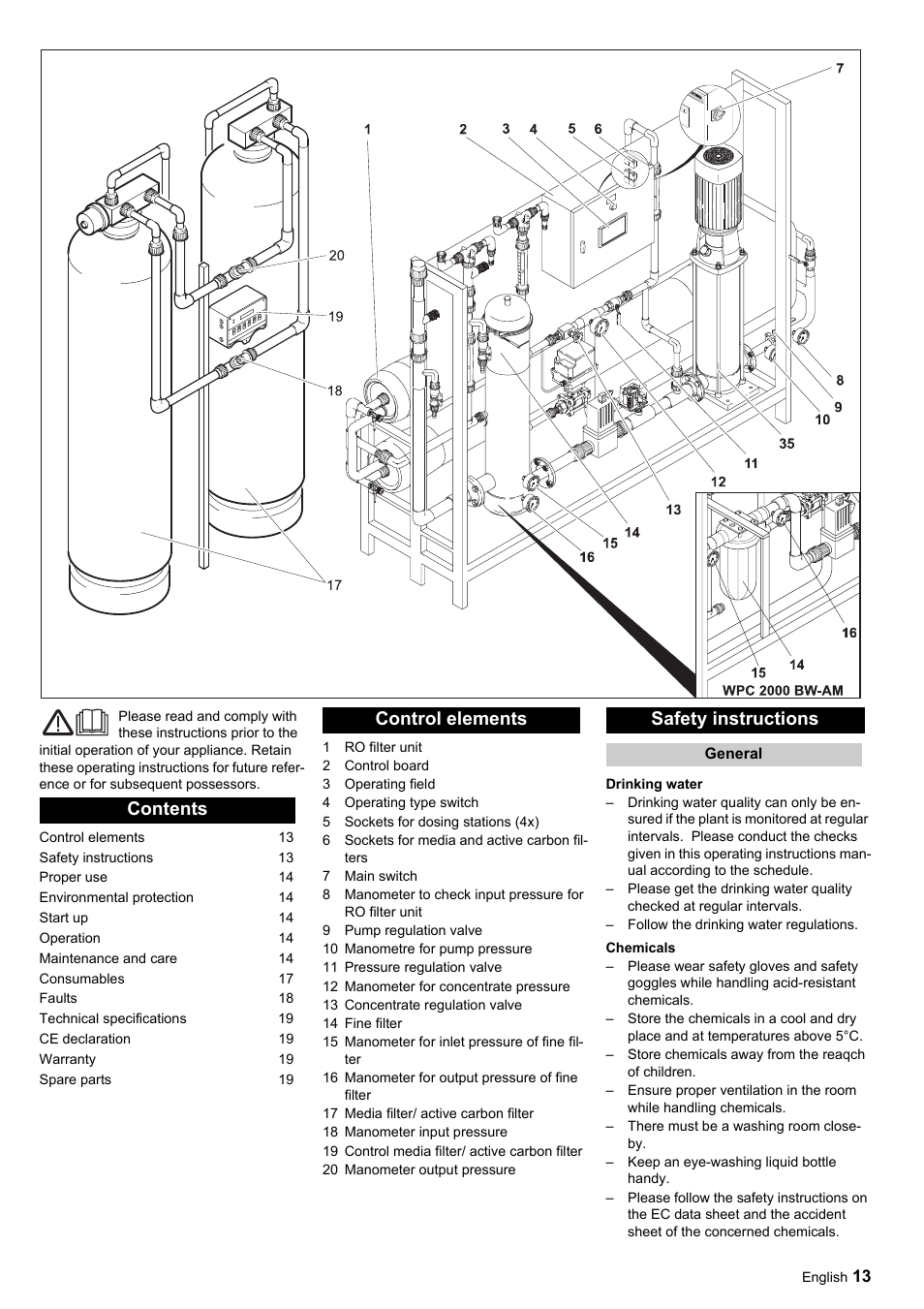 Contents control elements safety instructions | Karcher Úpravna vody WPC 5000 CD User Manual | Page 13 / 98