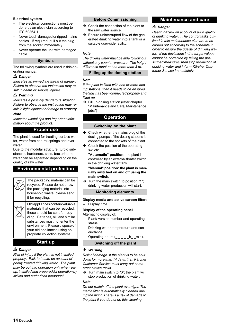 Proper use environmental protection, Start up, Operation | Maintenance and care | Karcher Úpravna vody WPC 5000 CD User Manual | Page 14 / 98