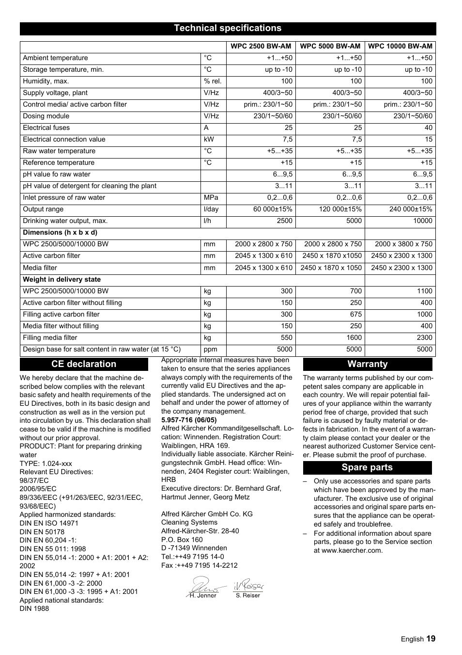 Technical specifications, Ce declaration warranty spare parts | Karcher Úpravna vody WPC 5000 CD User Manual | Page 19 / 98