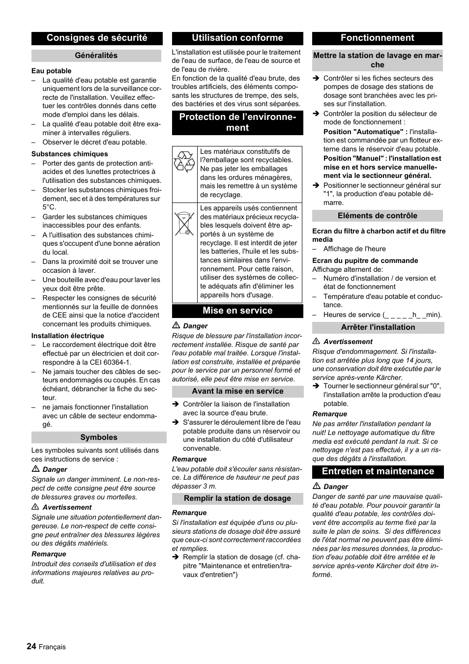 Consignes de sécurité, Mise en service, Fonctionnement | Entretien et maintenance | Karcher Úpravna vody WPC 5000 CD User Manual | Page 24 / 98