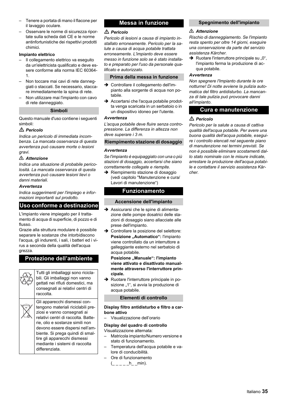 Messa in funzione, Funzionamento, Cura e manutenzione | Karcher Úpravna vody WPC 5000 CD User Manual | Page 35 / 98