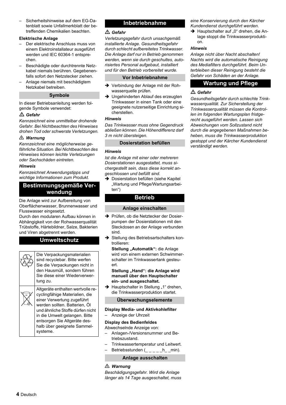 Bestimmungsgemäße ver- wendung umweltschutz, Inbetriebnahme, Betrieb | Wartung und pflege | Karcher Úpravna vody WPC 5000 CD User Manual | Page 4 / 98