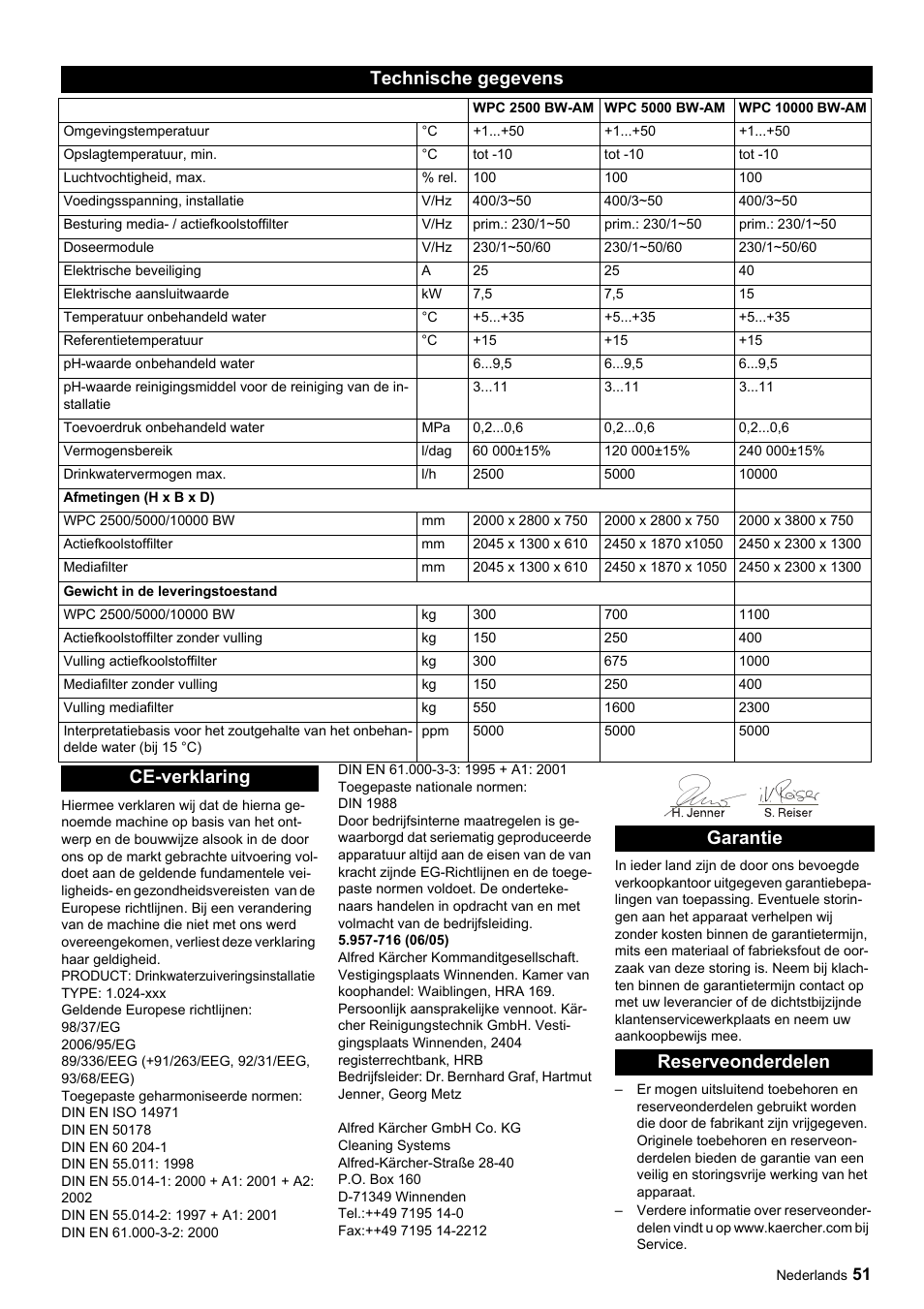 Technische gegevens, Ce-verklaring garantie reserveonderdelen | Karcher Úpravna vody WPC 5000 CD User Manual | Page 51 / 98