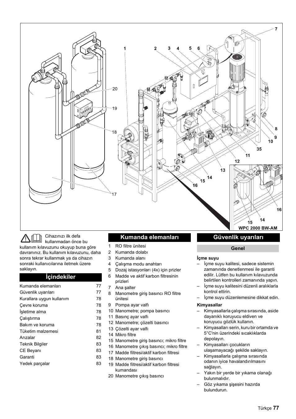 Içindekiler kumanda elemanları güvenlik uyarıları | Karcher Úpravna vody WPC 5000 CD User Manual | Page 77 / 98