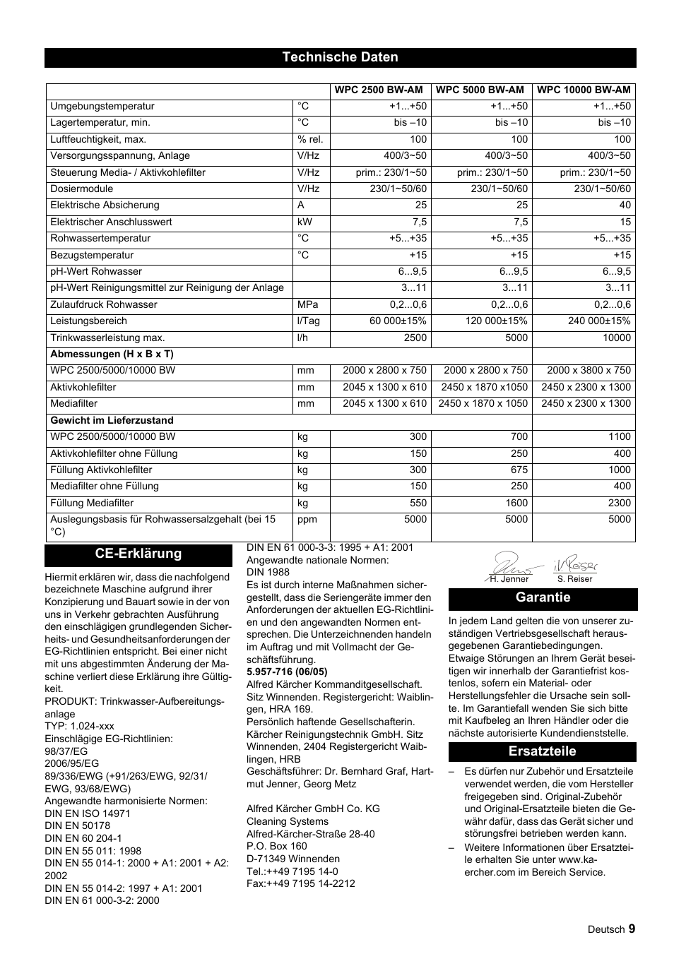 Technische daten, Ce-erklärung garantie ersatzteile | Karcher Úpravna vody WPC 5000 CD User Manual | Page 9 / 98