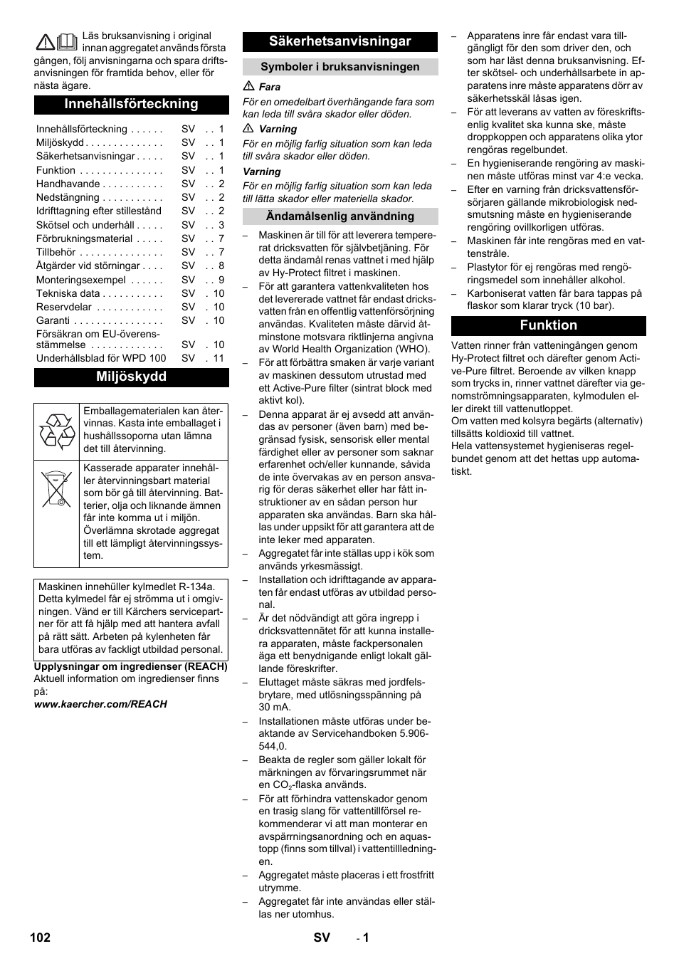 Svenska, Innehållsförteckning, Miljöskydd | Säkerhetsanvisningar, Funktion | Karcher WPD 100 T AC User Manual | Page 102 / 316