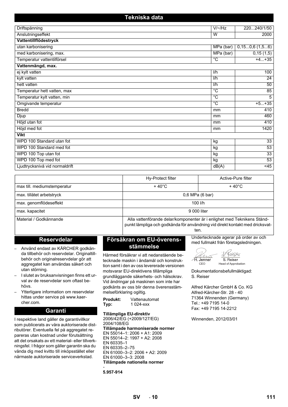 Tekniska data | Karcher WPD 100 T AC User Manual | Page 111 / 316