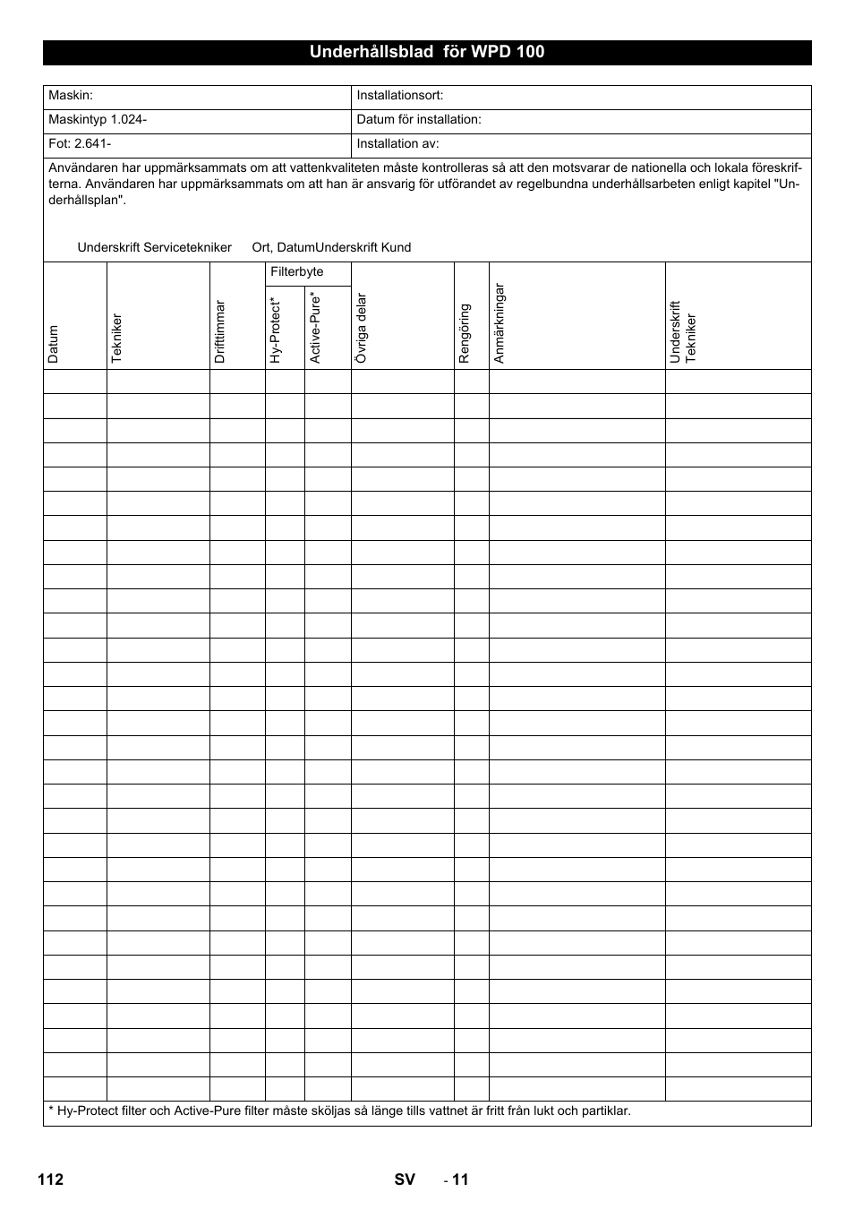 Underhållsblad för wpd 100 | Karcher WPD 100 T AC User Manual | Page 112 / 316