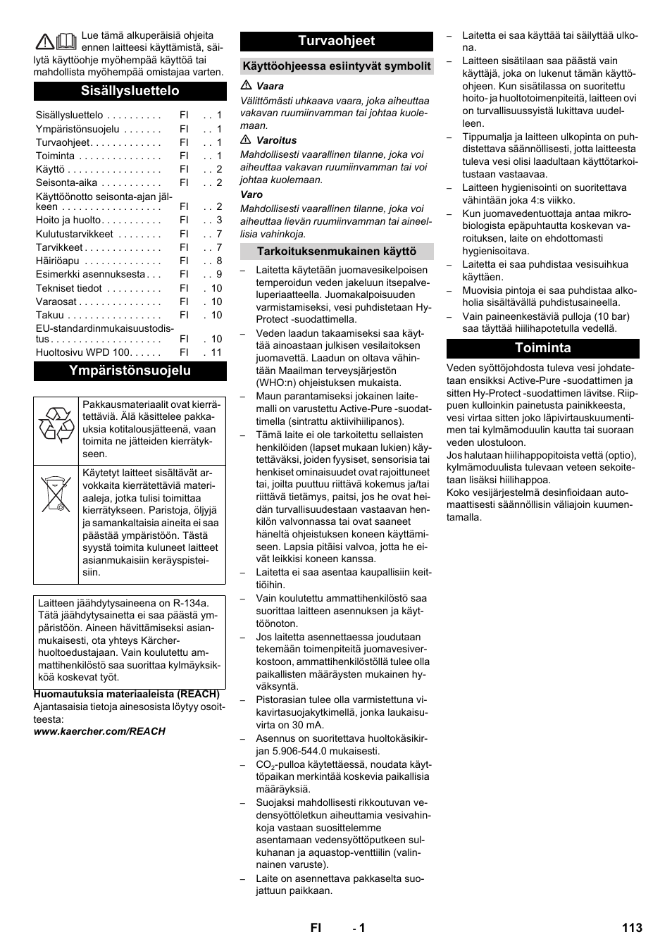 Suomi, Sisällysluettelo, Ympäristönsuojelu | Turvaohjeet, Toiminta | Karcher WPD 100 T AC User Manual | Page 113 / 316
